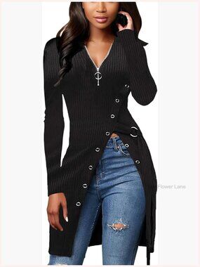 Long Sleeve Zip Up Ribbed Sweater Tunic Side Split Asymmetrical Blouse